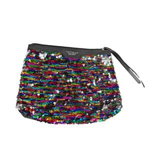 Victoria's Secret Makeup Pouch Flip Sequin Front Faux Leather Back Zip 10"x9"